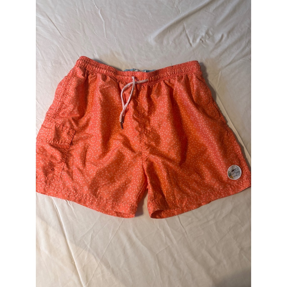 Spicy Tuna Swim Trunks Mens Medium Orange Geometric Print Board Shorts Excellent